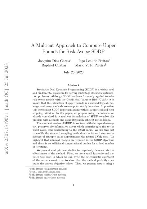 PDF A Multicut Approach To Compute Upper Bounds For Risk Averse SDDP