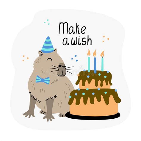 Greeting Card With Cute Capybara And Birthday Cake And Make A Wish