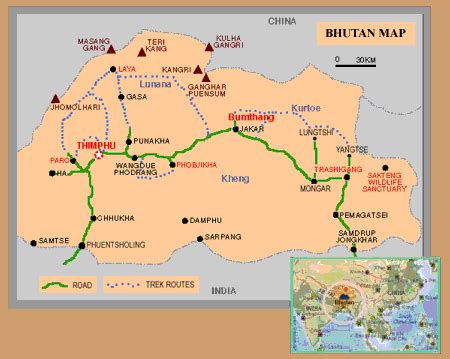 Bhutan Map showing Thimpu, Paro, Punakha, Gangtey, Bumthang, Mongar, Tashigang, and trekking ...