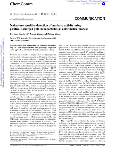 PDF Naked Eye Sensitive Detection Of Nuclease Activity Using Positively Charged Gold