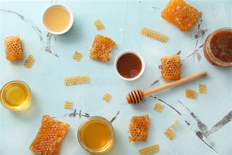 Composition With Honey And Combs On Color Table Stock Photo Image Of