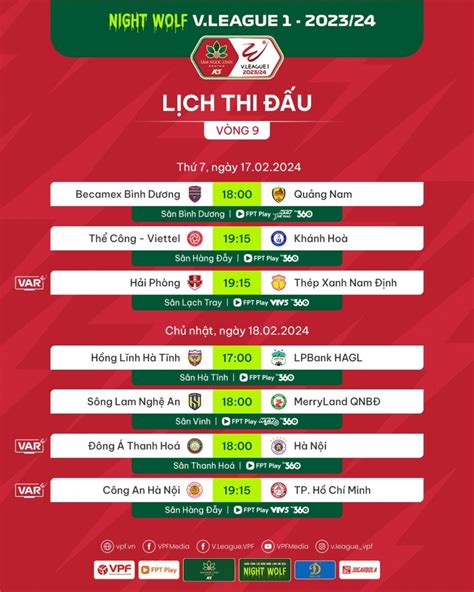 Lịch thi đấu vòng 9 V League 2023 2024 CAHN Viettel Hà Nội trình