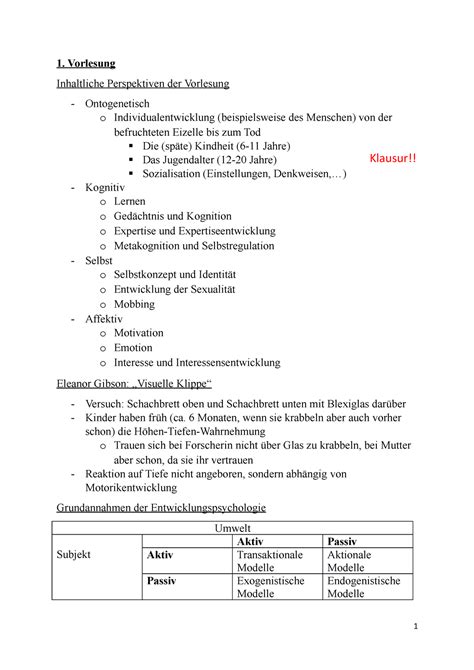 Zusammenfassung Entwicklungspsychologie 1 Vorlesung Inhaltliche