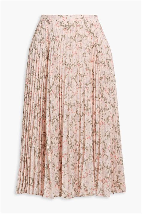 Mikael Aghal Pleated Floral Print Metallic Fil Coup Midi Skirt The