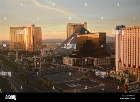 Aerial Golden Sunrise On Las Vegas Strip Near Luxor Mandalay Bay