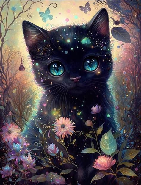 Una Pintura De Un Gato Negro Con Ojos Azules Foto Premium