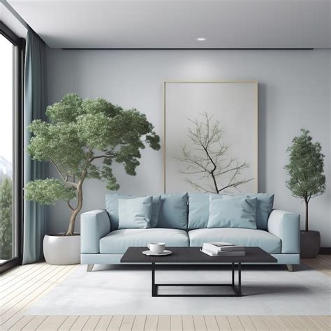 Premium Ai Image A Living Room With A Blue Couch And A Plant In The