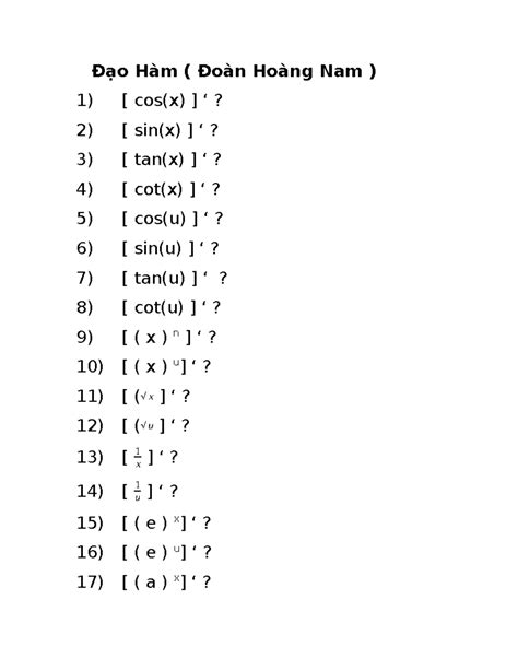 100 Câu Hỏi Lý Thuyết Toán Đạo Hàm Đoàn Hoàng Nam 1 [ Cos X ] ‘ 2 [ Sin X ] ‘ 3