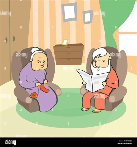 Old Couple Sitting In Armchair Senior Lady Knitting Man Reading Stock