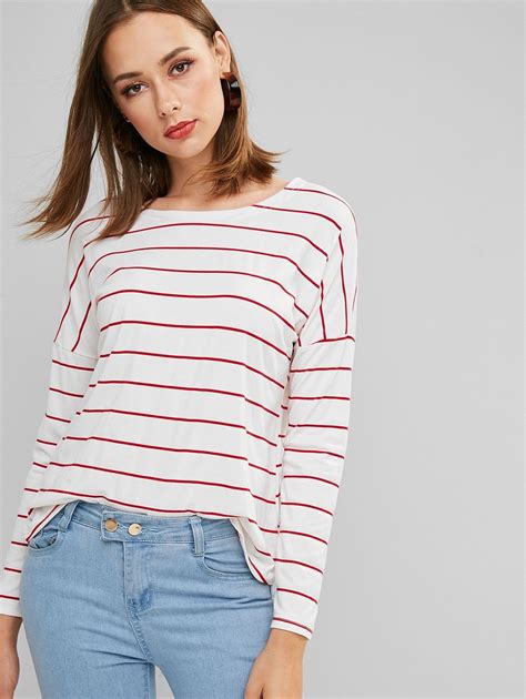 Drop Shoulder Striped Long Sleeve Tee Black Red White Affiliate