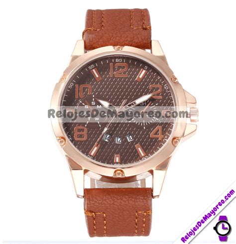 Reloj Calendario Marrón Extensible Piel Sintética Números Dorados R3356