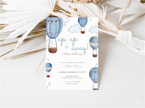 Blue Hot Air Balloon Baby Shower Invitation Template For Up And Away Baby Shower NEVEN