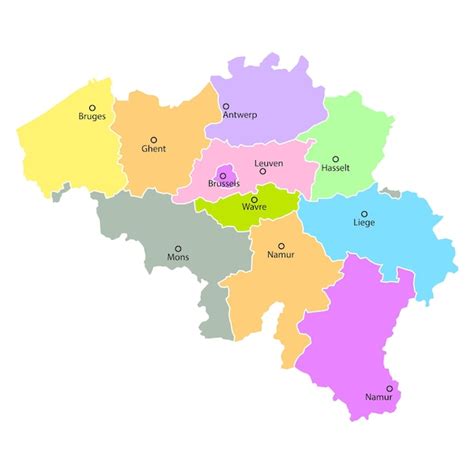 Fondo de mapa de bélgica con nombres de regiones y ciudades en color