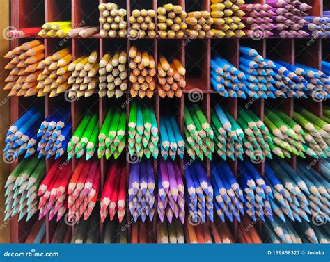 Wooden Colored Pensils On Shelf Stock Image Image Of Blue Craft