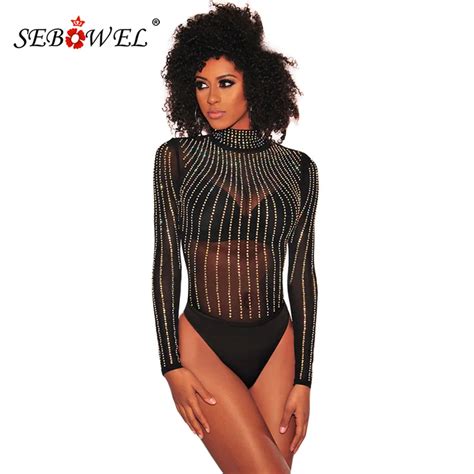 Sebowel Sexy Black Turtleneck Mesh Rhinestone Bodysuit Women