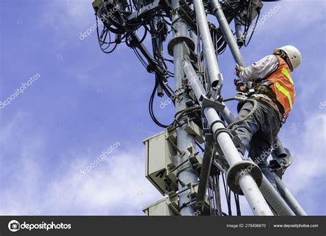 Technician Working Telecommunication Tower Sky Background High Risk