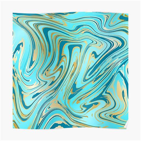 SUMINAGASHI MARBLING 01 Turquoise Blue And Golden Streaks Poster For