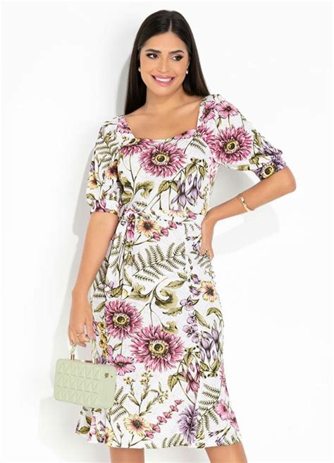 Rosalie Vestido Floral Branco Faixa Moda Evang Lica