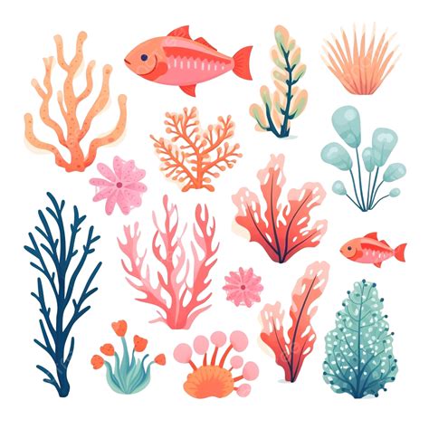 Coral And Seaweed Cute Cartoon Style Elements Isolation Resources