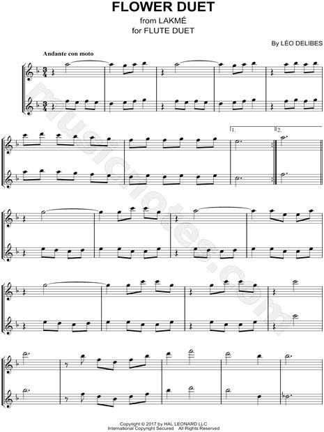 Flower Duet Flute Duet From Lakmé Sheet Music In F Major Download And Print Sku Mn0185473