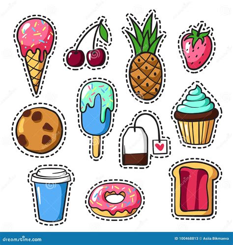 Set Of Cute Colorful Patch Badges And Pins With Food Fun Cartoon Icons