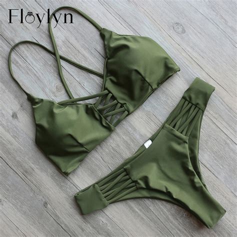 ABOUTTHEFIT Halter Sexy Green Sold Color Swimwear 2017 Women Triangle Cut Out Push Up Bikini