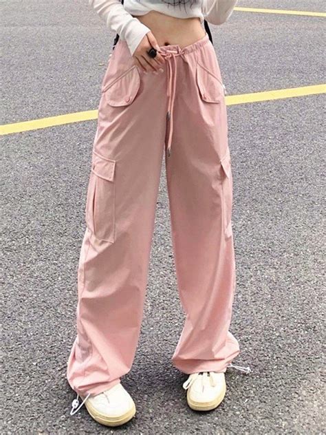 Emmiol Free Shipping 2024 Drawstring Pink Baggy Cargo Pants Pink S In