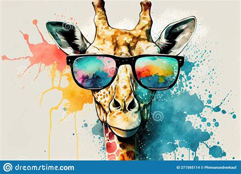 Cool Giraffe With Sunglasses And Graphic Art Illustration Colorfull