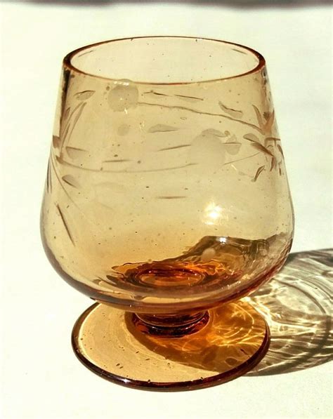 Rare Engraved Cordial Glass 19th C Glassware Antique Hand Blown Amber Glass Barware Cordial