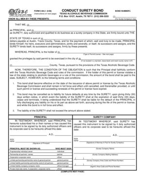 Fillable Online Tabc State Tx Conduct Surety Bond Licensing Form