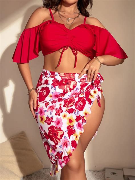 SHEIN Swim Curve Plus Size Floral Print Bikini Set Cold Shoulder Ruffle