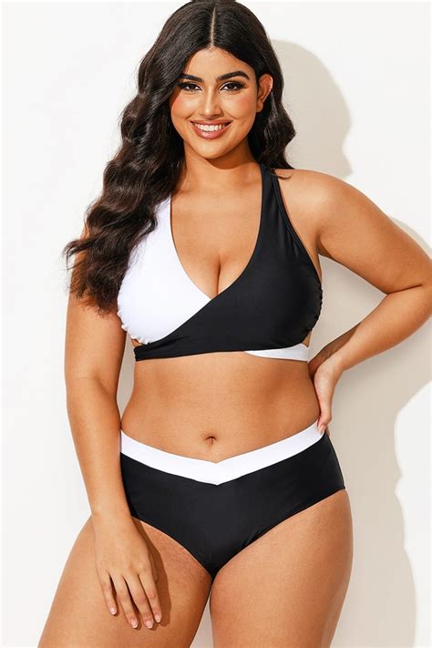 Plus Size Black And White Adjustable Tie Back Bikini Top Meet Curve Meet Curve