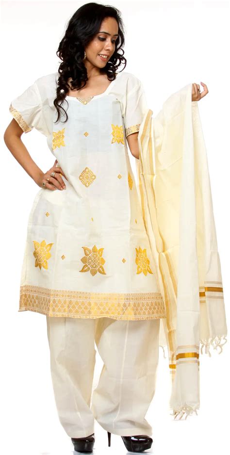 Ivory Kasavu Choodidaar Suit From Kerala With Golden Thread Weave