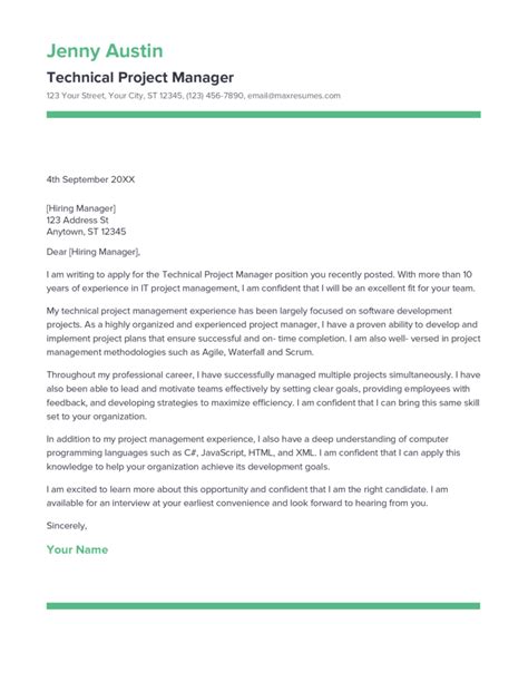 Best Technical Project Manager Cover Letter Example For