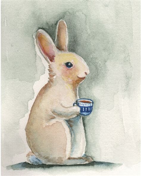 Bunny rabbit drinking tea nursery illustration painting | Etsy