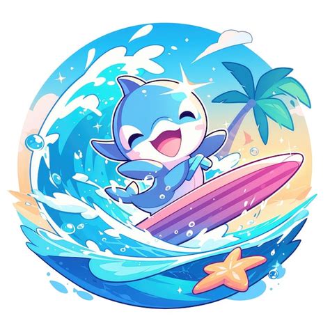 Um Golfinho Montando Uma Prancha De Surf No Estilo De Desenho Animado