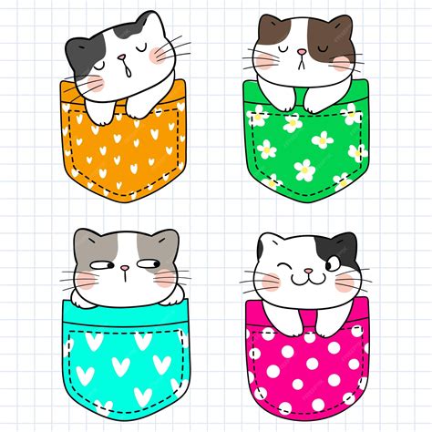 Conjunto De Gatos Fofos Desenhados à Mão Em Bolsos Ilustração Vetorial Vetor Premium