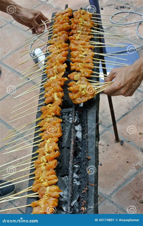 Malaysia Chicken Satay Cooking On A Hot Charcoal Grill Stock Image