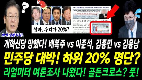 민주당 대박 이 사람들이 하위 20명단에 리얼미터 여조에서 나온 직접적인 결과 개혁신당이라 이준석과 이낙연 결국