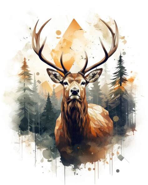 Premium AI Image | Deer Double exposure of a Deer and nature mountains trees in watercolor art