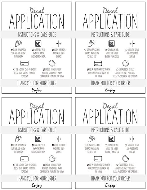 Printable Vinyl Decal Care Card Instructions Decal Application Order