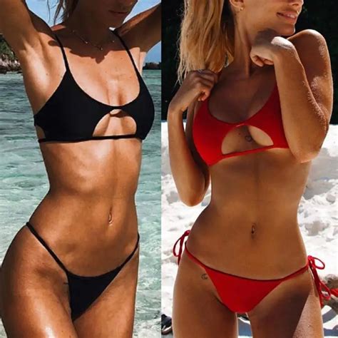 Womens Solid Bandage Hollow Out Split Bikini Female Push Up Swimwear