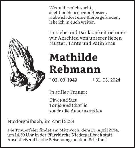 Traueranzeigen Von Mathilde Rebmann Saarbruecker Zeitung Trauer De