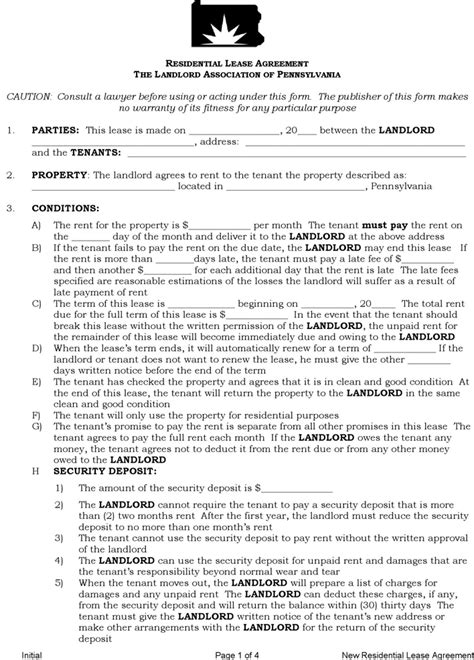 Free Pennsylvania Residential Lease Agreement Landlord Association