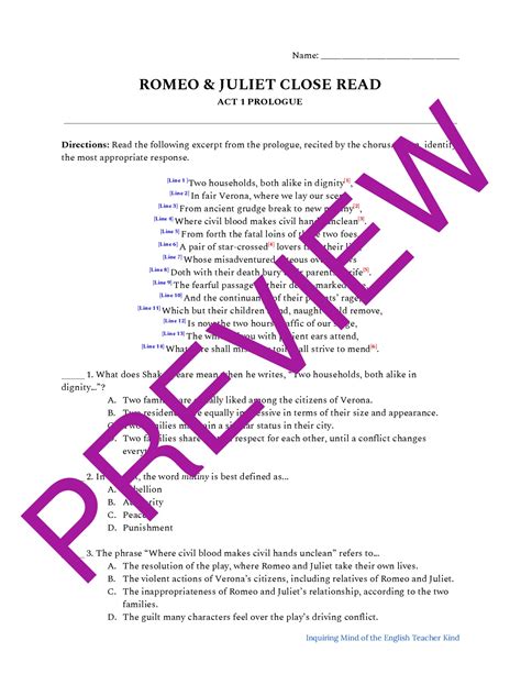 Romeo Juliet Close Reading Worksheet Act Prologue Teaching