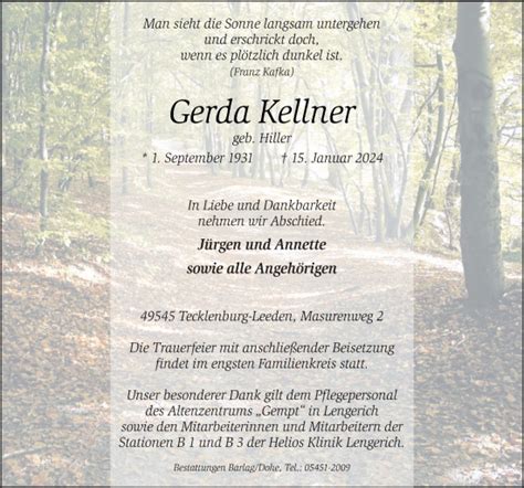 Traueranzeigen Von Gerda Kellner Noz Trauerportal