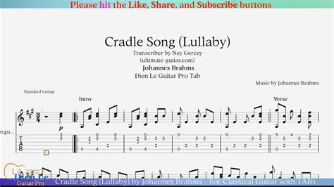 Cradle Song Lullaby By Johannes Brahms For Classical Guitar With