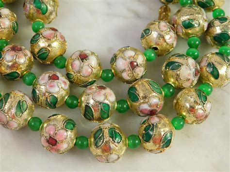 Vintage C1960s Chinese Gilt Cloisonne Enamel Beaded Necklace 20 Long