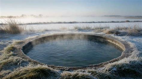 A Circular Hot Spring Surrounded By Frost And Fog Stock Illustration