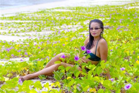 Woman With Bikini And Green Nature Relax On Beach Stock Image Image